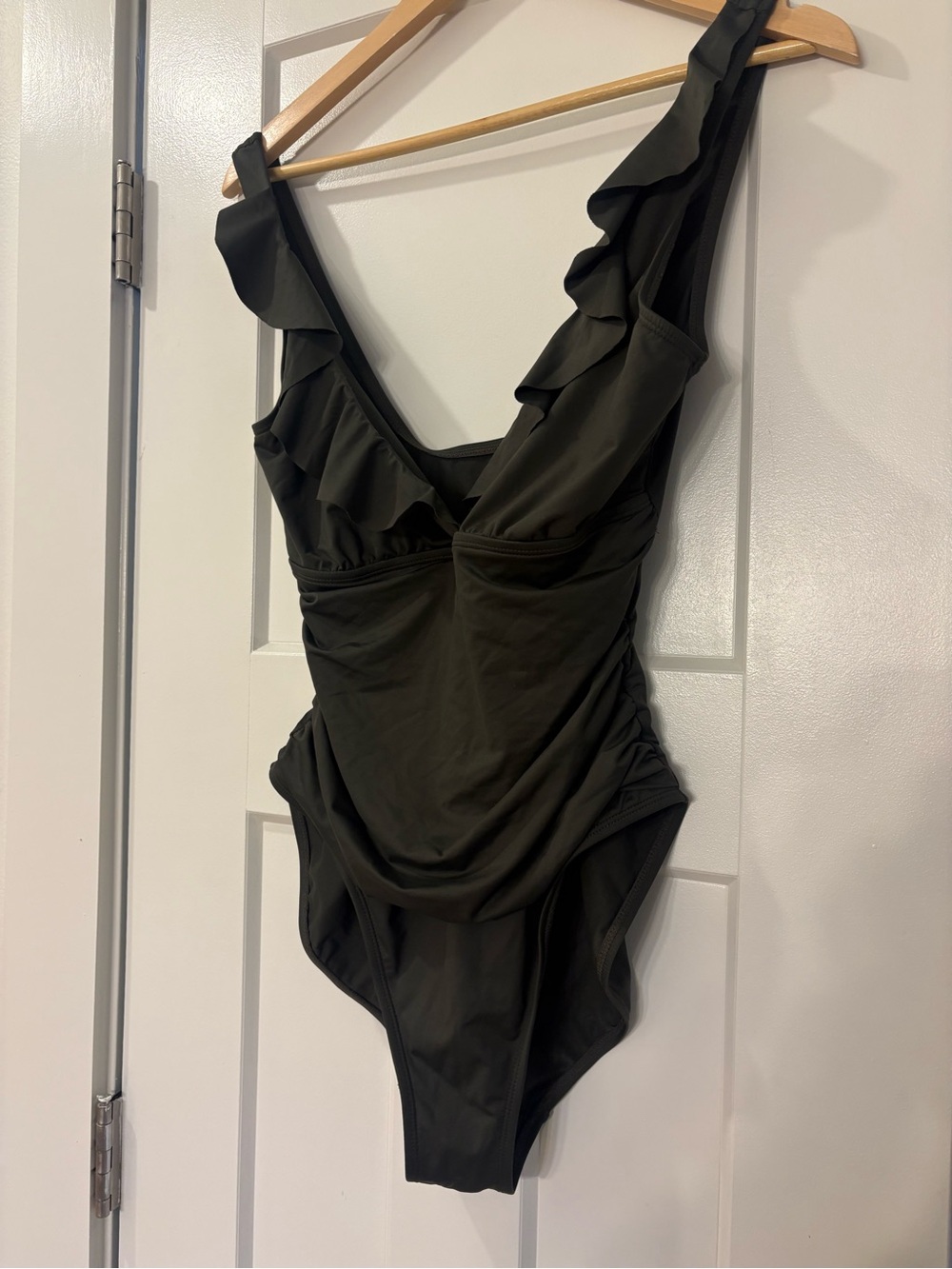 Ralph Lauren Olive Green Ruffled One-Piece Swimsuit with Tummy Control